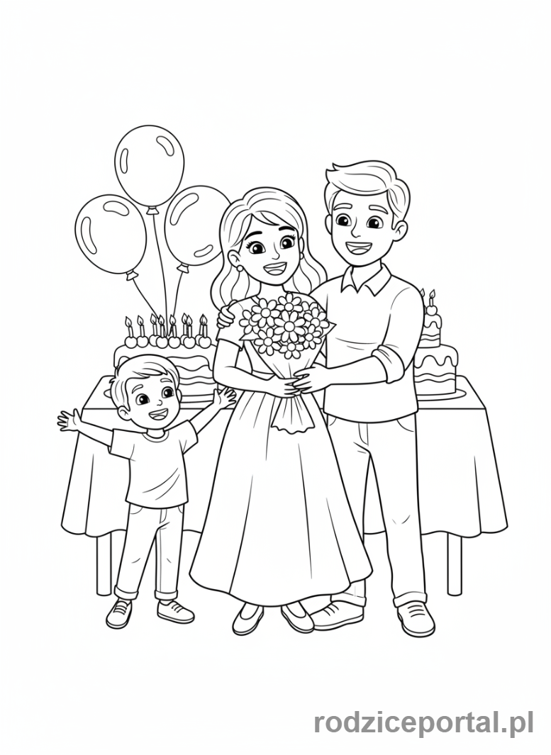 Kolorowanka Dzień Mamy - Rodzina (mama, tata, dziecko) świętująca Dzień Mamy