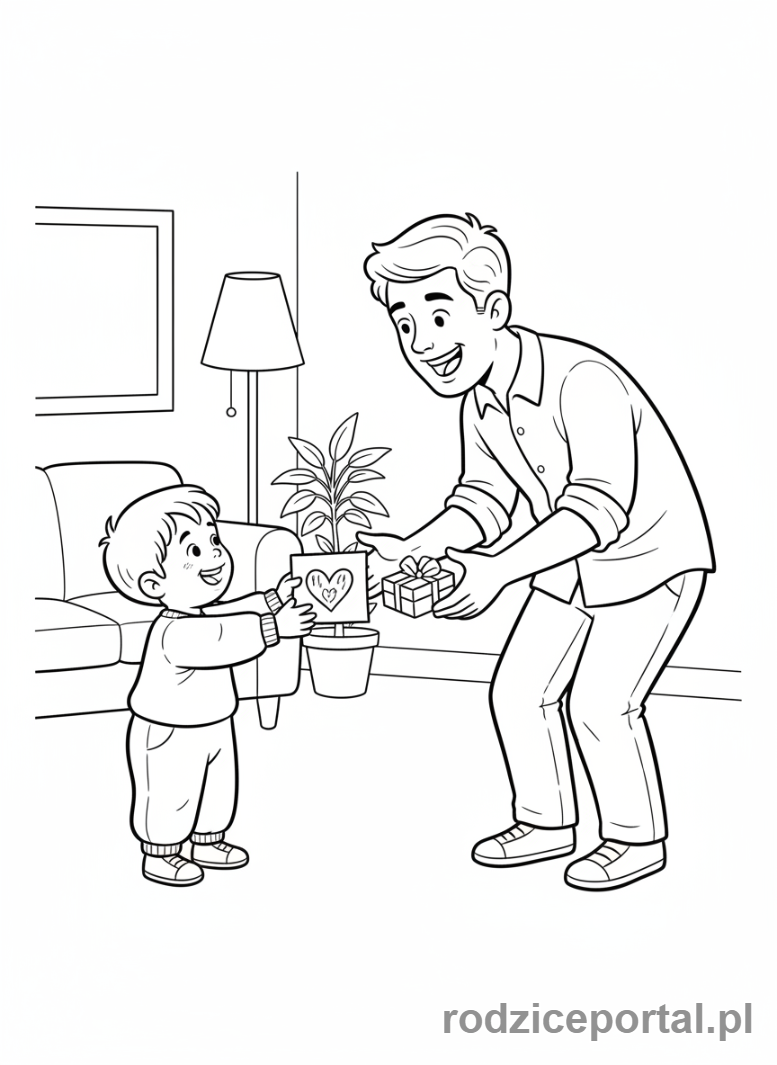 Kolorowanka Dzień Taty - Dziecko wręczające tacie laurkę i prezent.