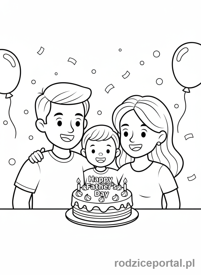 Kolorowanka Dzień Taty - Rodzina (tata, mama, dziecko) świętująca Dzień Taty z tortem.
