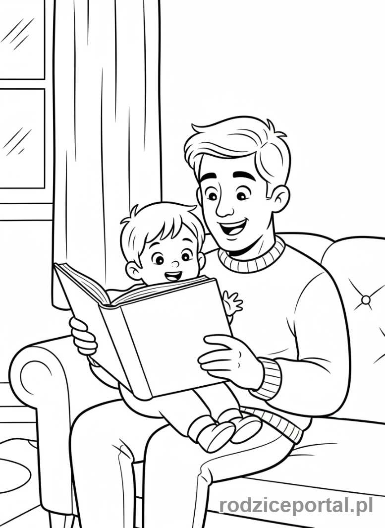 Kolorowanka Dzień Taty - Tata czytający książkę z dzieckiem na kolanach.