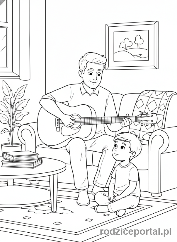 Kolorowanka Dzień Taty - Tata grający na gitarze dla siedzącego obok dziecka.