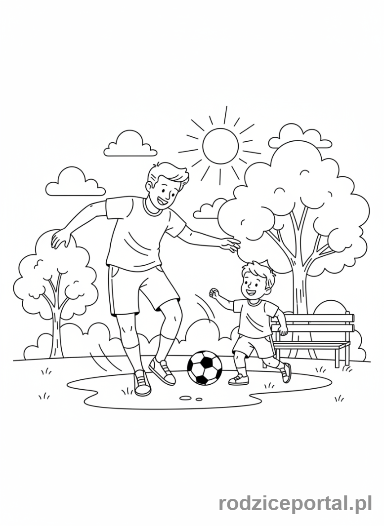 Kolorowanka Dzień Taty - Tata i dziecko bawiący się piłką w parku.