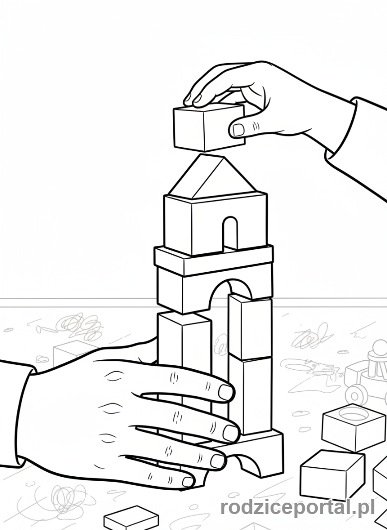 Kolorowanka Dzień Taty - Tata i dziecko budujący wysoką wieżę z klocków.