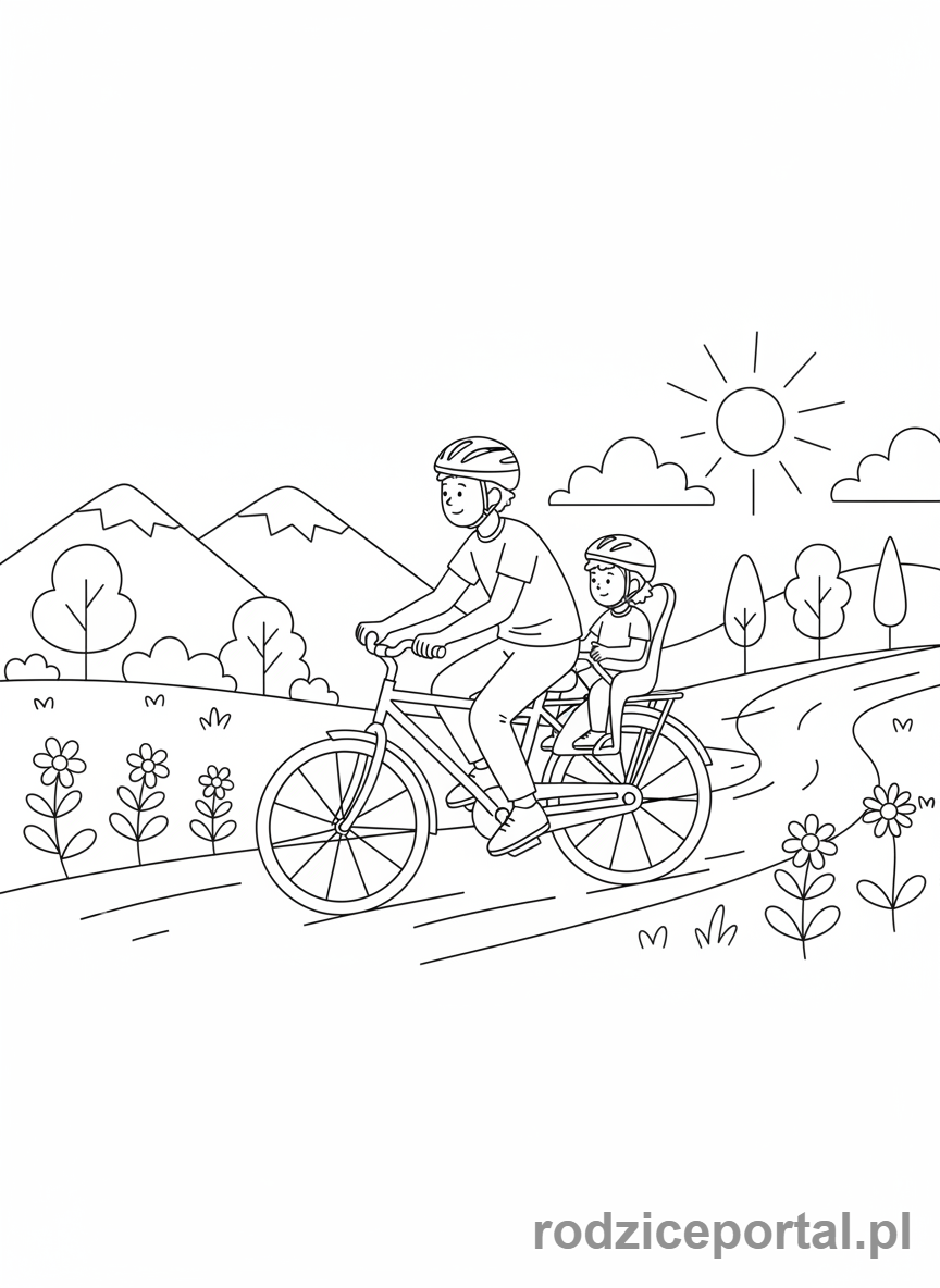 Kolorowanka Dzień Taty - Tata i dziecko jadący na rowerach po ścieżce.