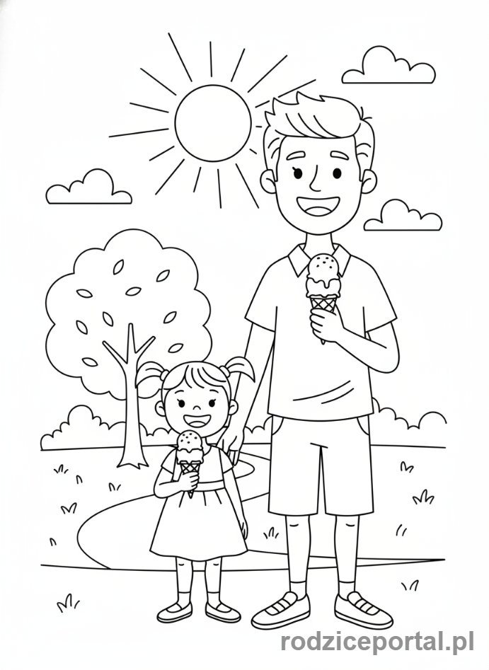 Kolorowanka Dzień Taty - Tata i dziecko jedzący lody na zewnątrz.