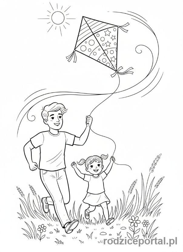 Kolorowanka Dzień Taty - Tata i dziecko puszczający kolorowy latawiec na wietrze.