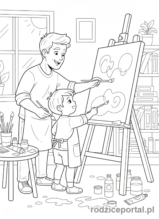 Kolorowanka Dzień Taty - Tata i dziecko razem malujący obrazek farbami.