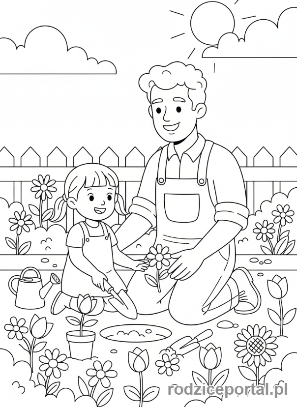 Kolorowanka Dzień Taty - Tata i dziecko sadzący kwiaty w ogrodzie.