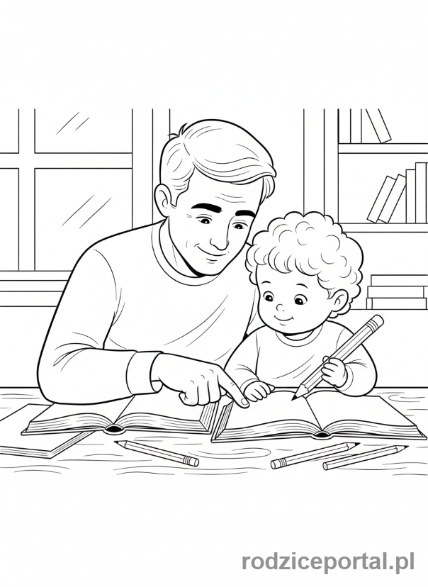 Kolorowanka Dzień Taty - Tata pomagający dziecku przy biurku w odrabianiu lekcji.