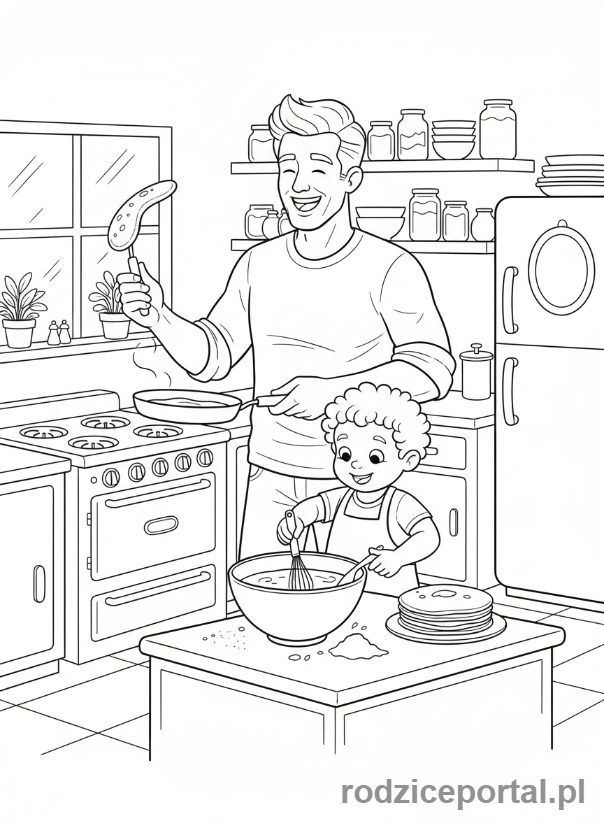 Kolorowanka Dzień Taty - Tata z dzieckiem przygotowujący śniadanie w kuchni.