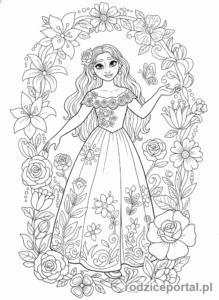 Kolorowanka Encanto - Isabela Madrigal otoczona kwiatami, elegancka poza