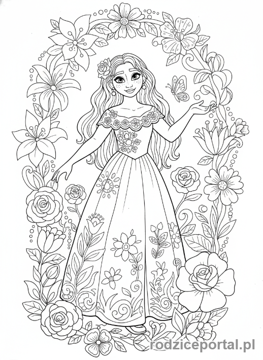 Kolorowanka Encanto - Isabela Madrigal otoczona kwiatami, elegancka poza