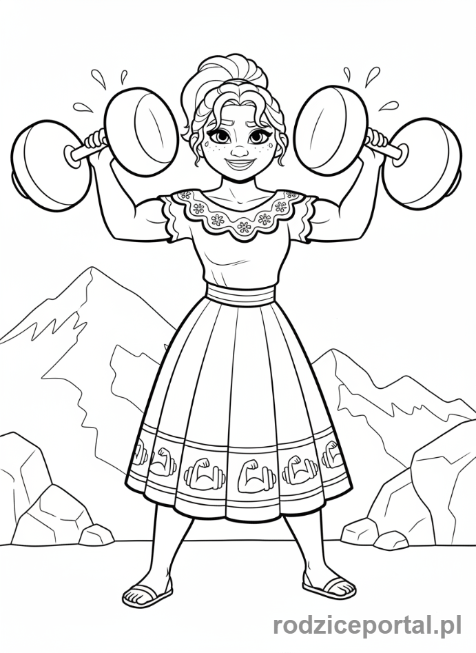 Kolorowanka Encanto - Luisa Madrigal z hantlami, cała postać