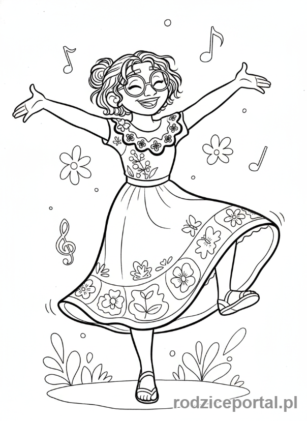 Kolorowanka Encanto - Mirabel tańcząca, radosna i dynamiczna