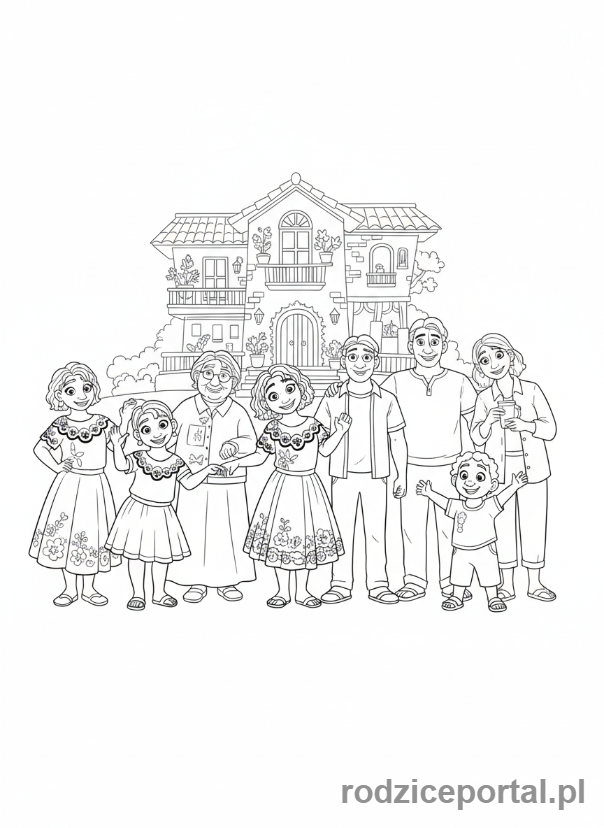 Kolorowanka Encanto - Rodzina Madrigal przed Casitą, grupowe ujęcie
