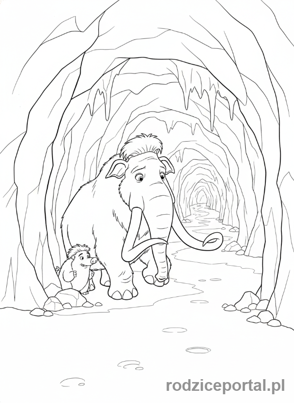 Kolorowanka Epoka Lodowcowa - Brzoskwinka i Louis eksplorujący jaskinię.