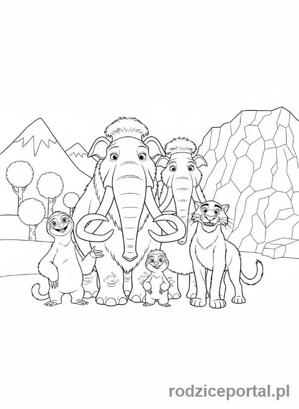 Kolorowanka Epoka Lodowcowa - Cała główna grupa przyjaciół stojąca razem