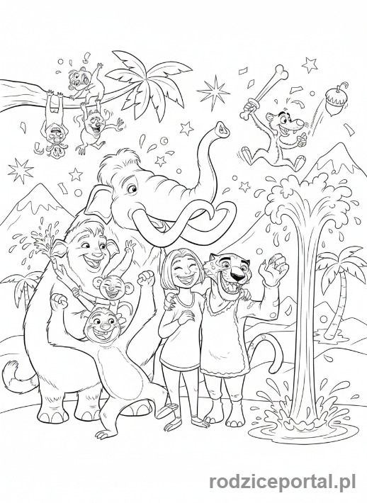 Kolorowanka Epoka Lodowcowa - Całe stado celebrujące zwycięstwo lub radosny moment.