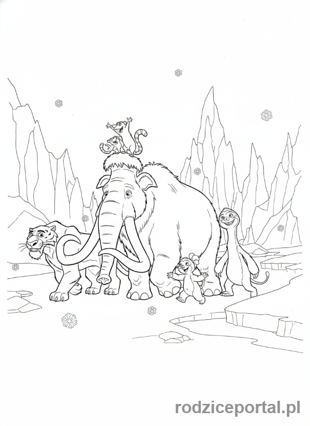 Kolorowanka Epoka Lodowcowa - Całe stado idące razem w malowniczym lodowym krajobrazie.