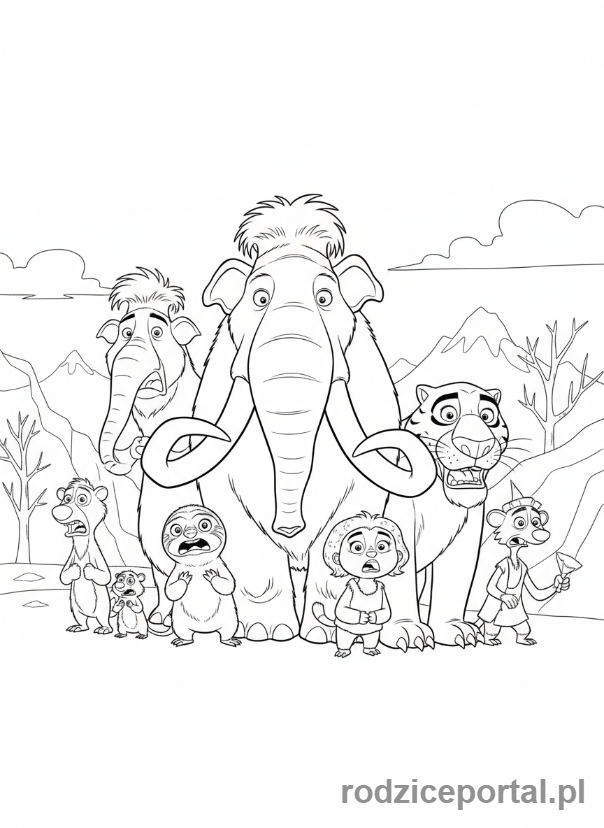 Kolorowanka Epoka Lodowcowa - Całe stado z zaskoczoną miną