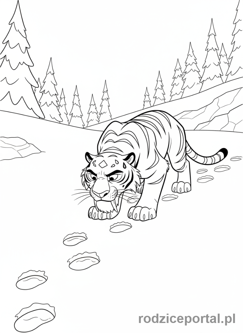 Kolorowanka Epoka Lodowcowa - Diego śledzący ślady w śniegu.