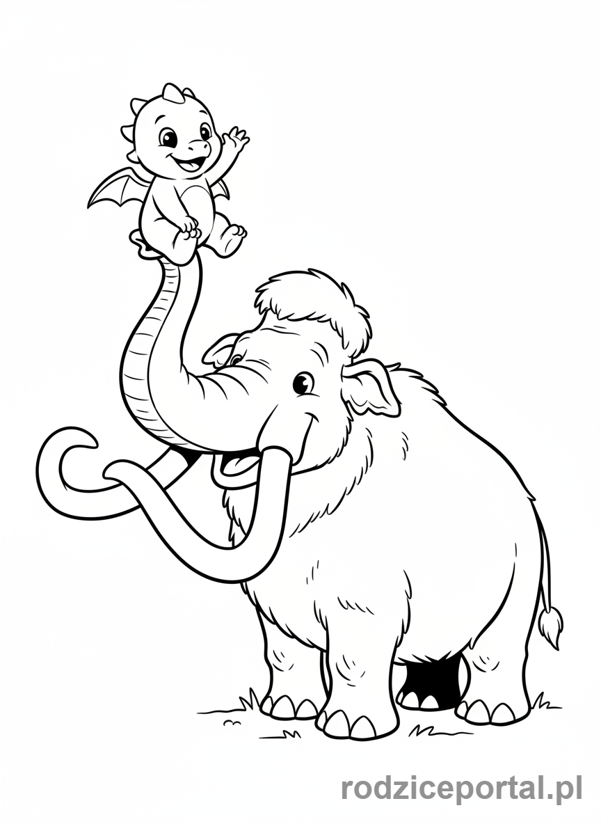 Kolorowanka Epoka Lodowcowa - Dziecko Roshan jadące na trąbie Manny'ego.