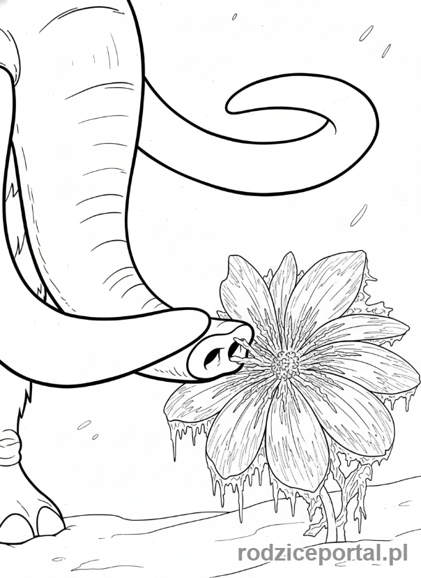 Kolorowanka Epoka Lodowcowa - Ellie delikatnie dotykająca zamarzniętego kwiatu.