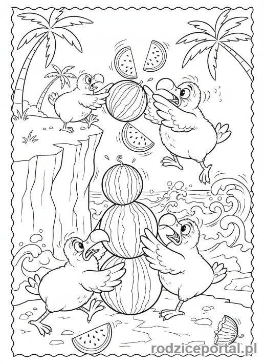 Kolorowanka Epoka Lodowcowa - Grupa dodo próbująca chronić swoje ostatnie arbuzy.