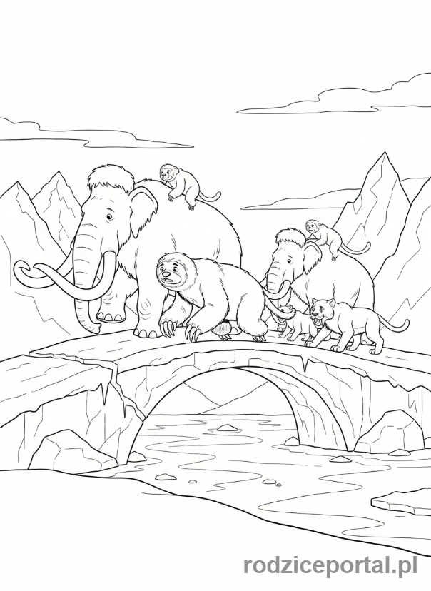 Kolorowanka Epoka Lodowcowa - Grupa prehistorycznych zwierząt przechodząca przez lodowy most.