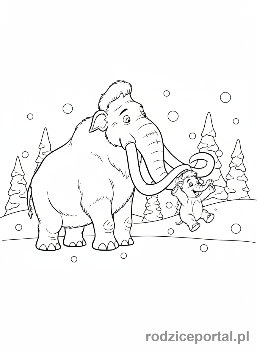 Kolorowanka Epoka Lodowcowa - Mamut Manny i jego córka Brzoskwinka bawiący się