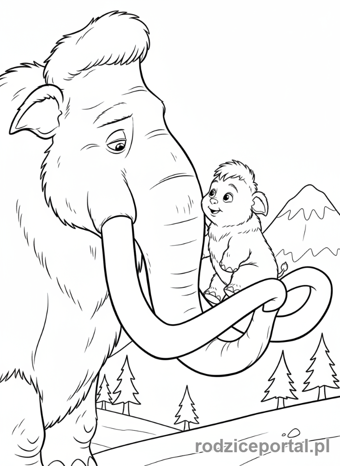 Kolorowanka Epoka Lodowcowa - Mamut Manny niosący małą Brzoskwinkę na trąbie