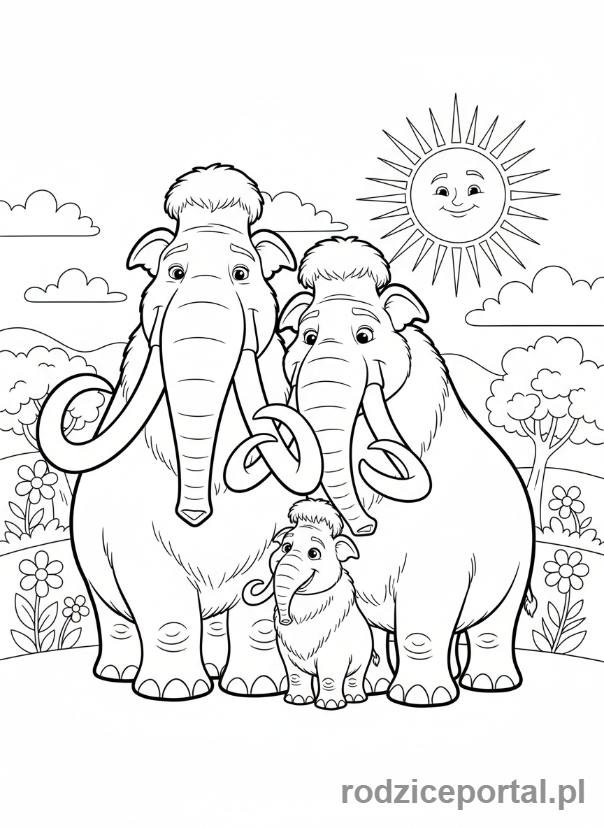 Kolorowanka Epoka Lodowcowa - Manny, Ellie i Brzoskwinka jako rodzina.