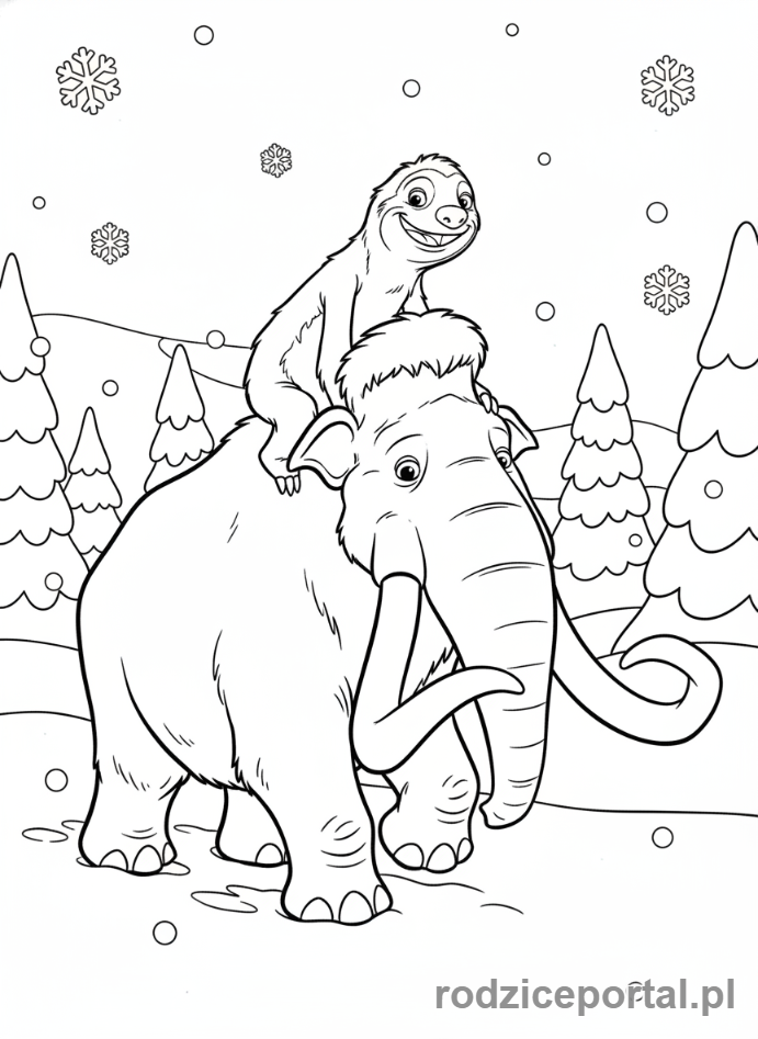 Kolorowanka Epoka Lodowcowa - Manny niosący Sida na grzbiecie przez śnieg.