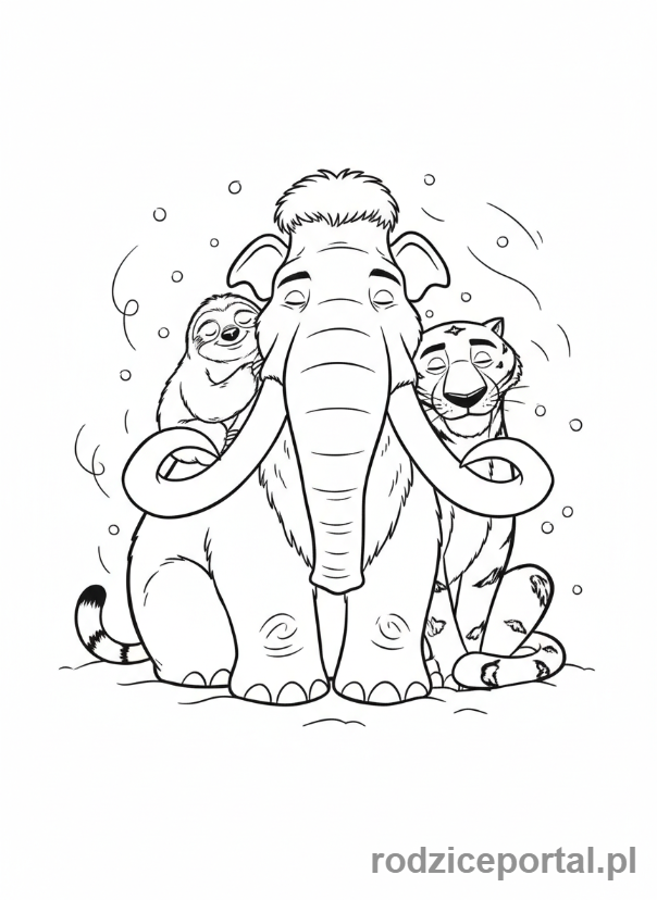 Kolorowanka Epoka Lodowcowa - Manny, Sid i Diego skuleni razem dla ciepła.