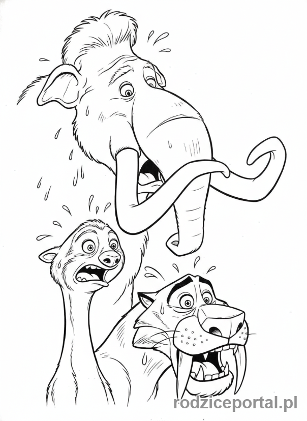 Kolorowanka Epoka Lodowcowa - Manny, Sid i Diego wyglądający na zaskoczonych czymś.