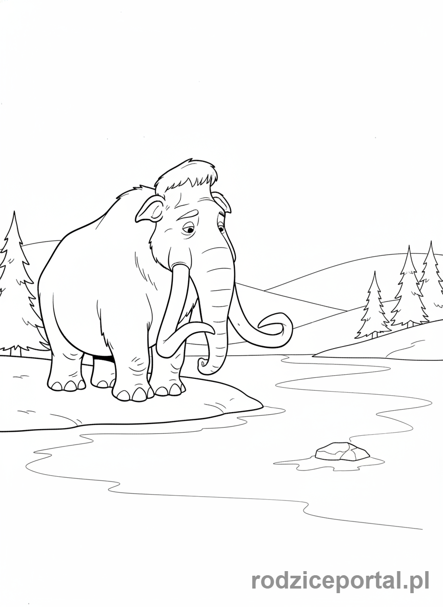 Kolorowanka Epoka Lodowcowa - Manny zamyślony nad lodowym jeziorem.