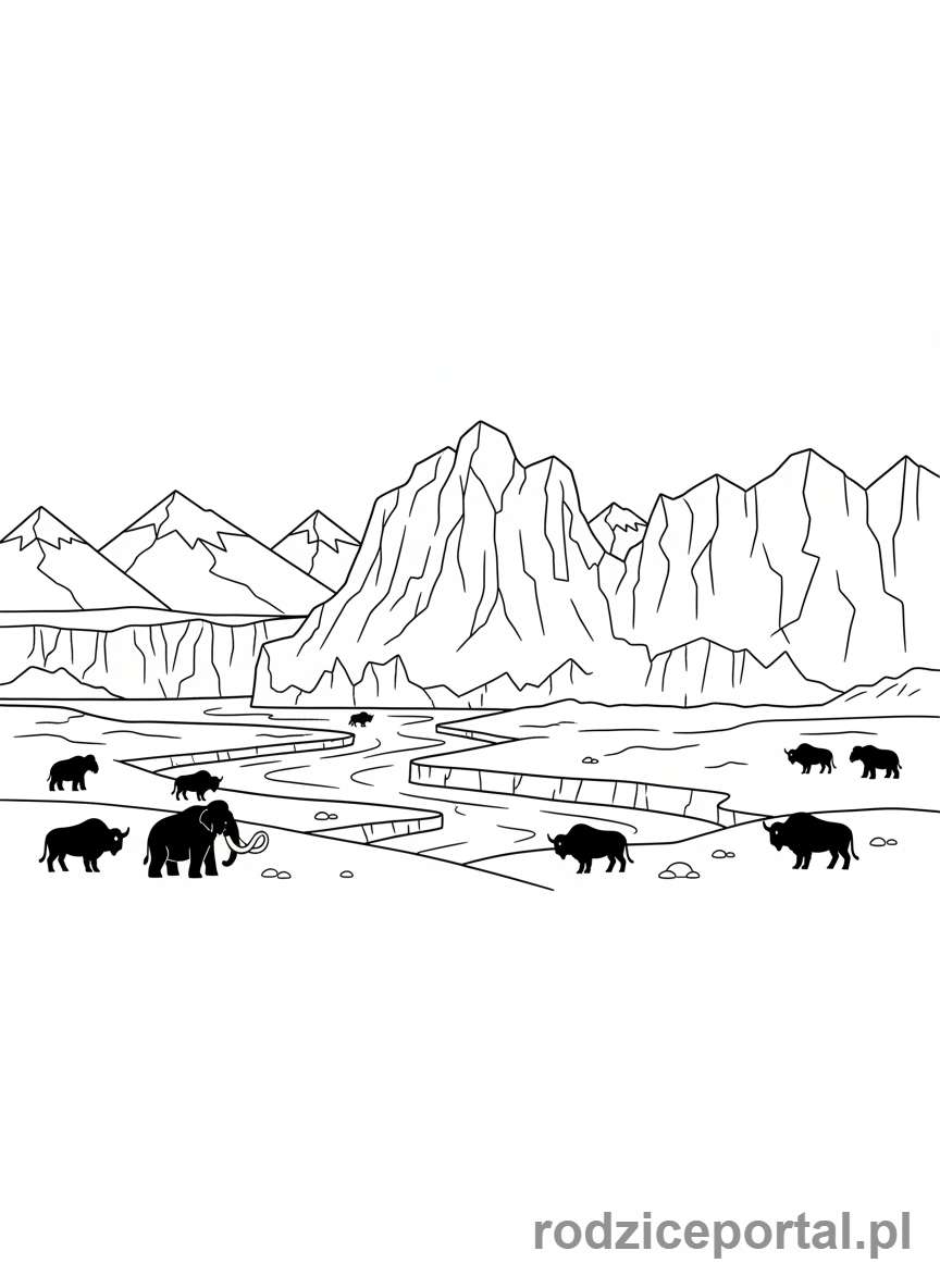 Kolorowanka Epoka Lodowcowa - Panoramiczny widok na krajobraz epoki lodowcowej z różnymi zwierzętami.