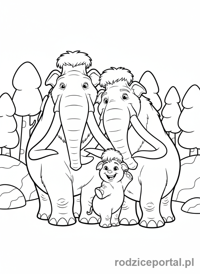 Kolorowanka Epoka Lodowcowa - Rodzinny portret Manny'ego, Ellie i Brzoskwinki