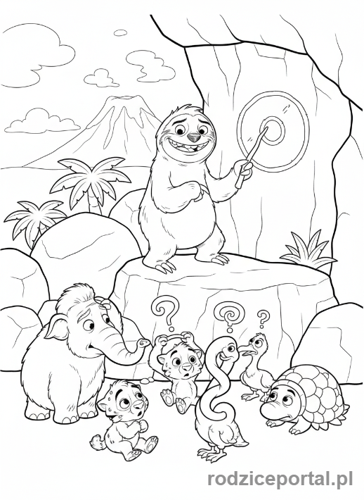 Kolorowanka Epoka Lodowcowa - Sid próbujący uczyć małe zwierzęta.