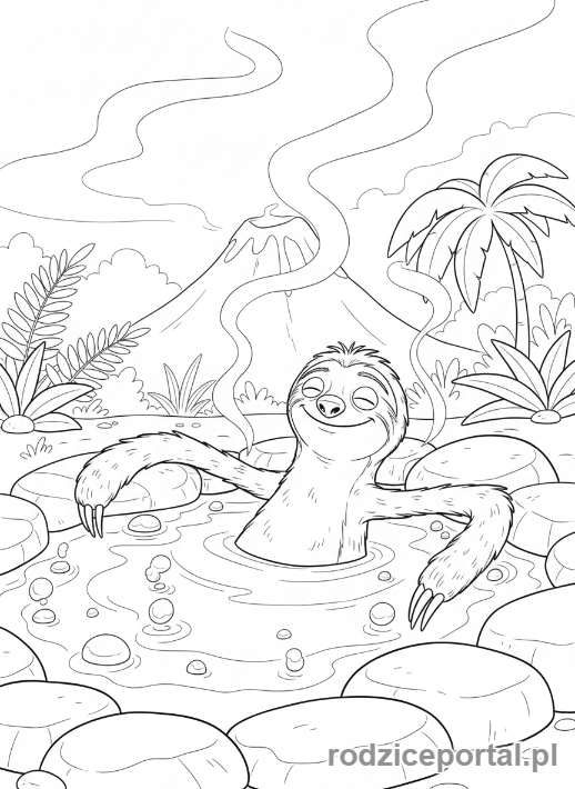 Kolorowanka Epoka Lodowcowa - Sid relaksujący się w gorącym źródle.