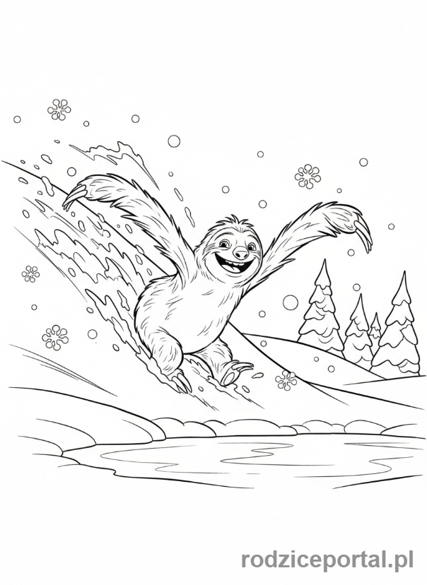 Kolorowanka Epoka Lodowcowa - Sid zjeżdżający na brzuchu z zaśnieżonego wzgórza.