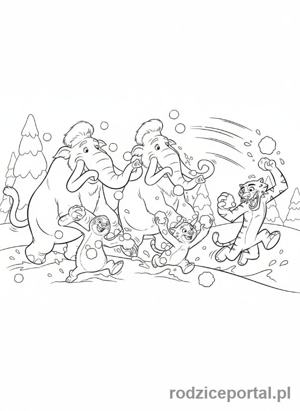 Kolorowanka Epoka Lodowcowa - Stado bawiące się w bitwę na śnieżki.