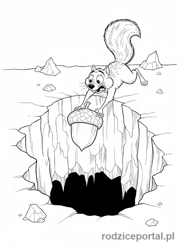 Kolorowanka Epoka Lodowcowa - Żołądź Scrata wpadający w głęboką szczelinę.
