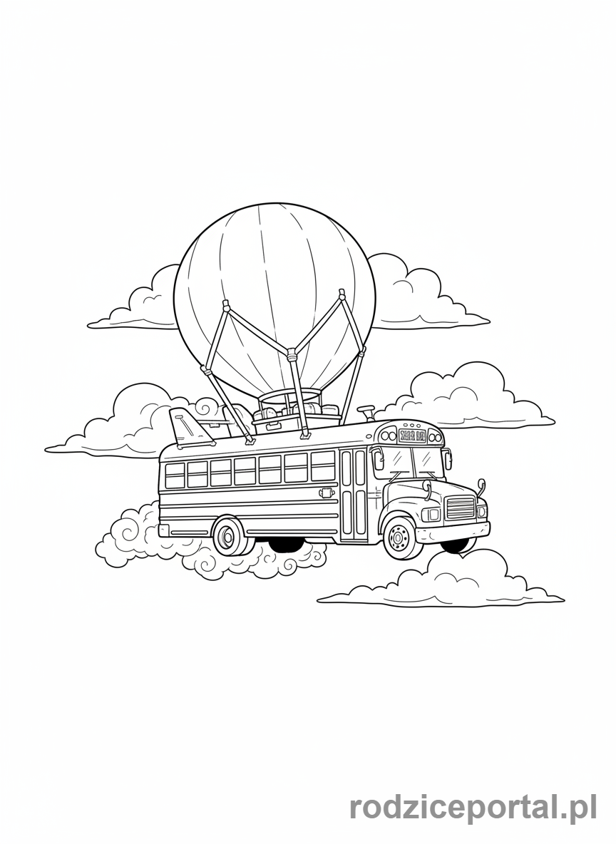 Kolorowanka Fortnite - Battle Bus, autobus bojowy z Fortnie, lecący na niebie