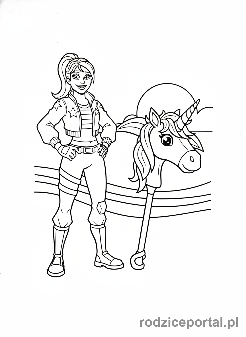 Kolorowanka Fortnite - Brite Bomber ze swoim jednorożcem