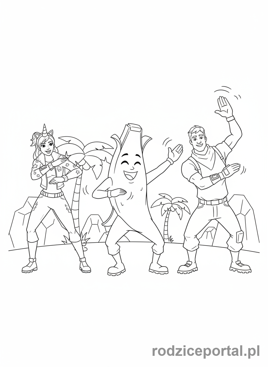 Kolorowanka Fortnite - Grupa postaci tańczących