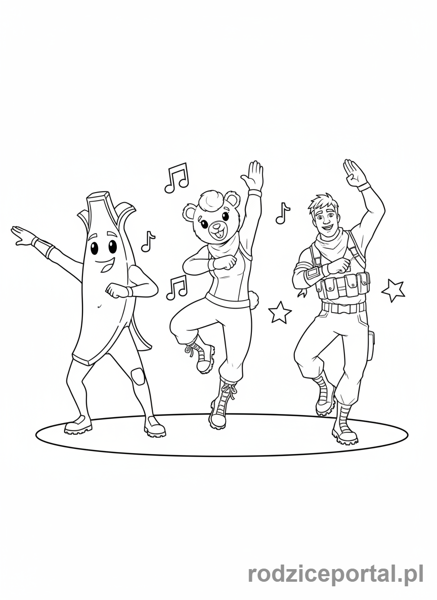 Kolorowanka Fortnite - Grupa trzech różnych bohaterów Fortnite tańczących razem