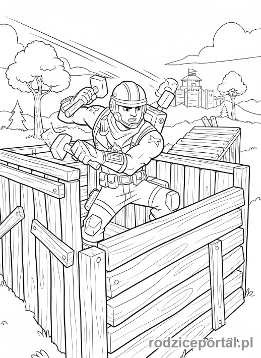 Kolorowanka Fortnite - Wybrany bohater Fortnite budujący fortyfikacje