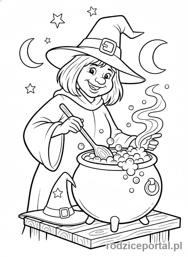 Kolorowanka Halloween - Czarownica mieszająca w kotle