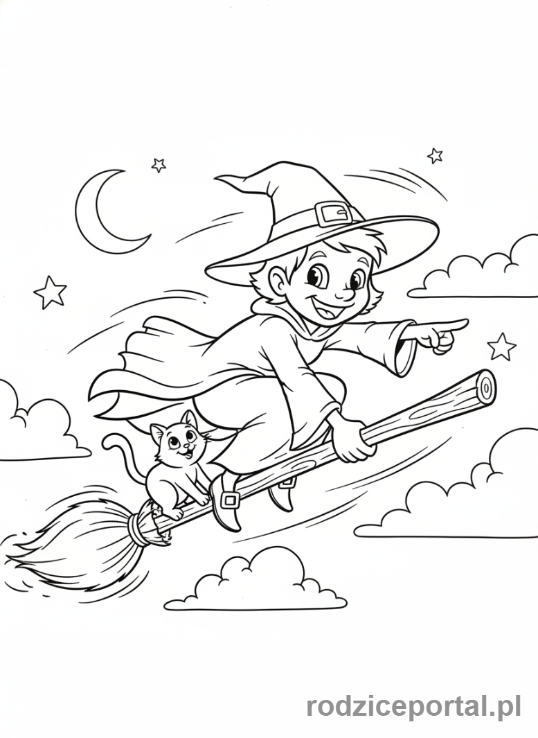 Kolorowanka Halloween - Czarownica na miotle z kotem